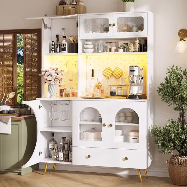 Mobile dispensa moderno bianco con LED, prese AC e USB, cassetto e portabottiglie in MDF e vetro L/P/H: 120 x 40 x 176 cm