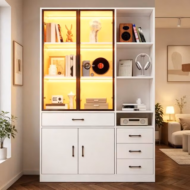 Armadio Vetrina REDOM Bianco con LED e Ante in Vetro L: 120 cm, P: 35 cm, H: 200 cm