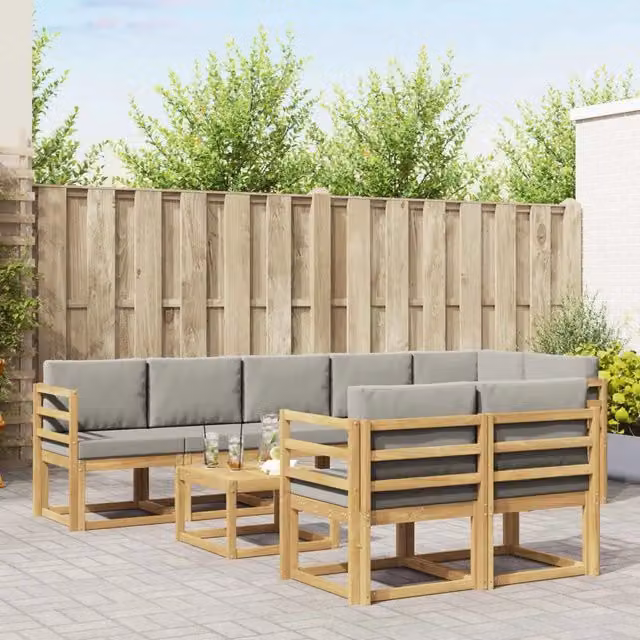 Set di divani da esterno a L con tavolino vidaXL, 9 pezzi, in legno di acacia trattato, Bianco e Grigio – 1