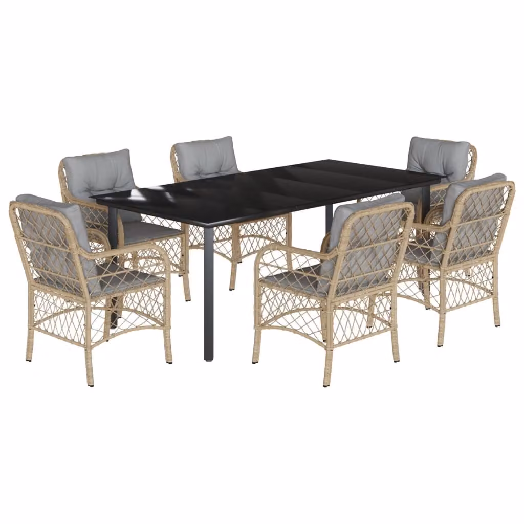 Set Pranzo da Giardino 7 pz con Cuscini Beige Misto Polyrattan