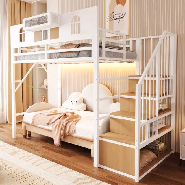 Letto a soppalco 90x200 cm in metallo bianco con scala contenitore e luce integrata