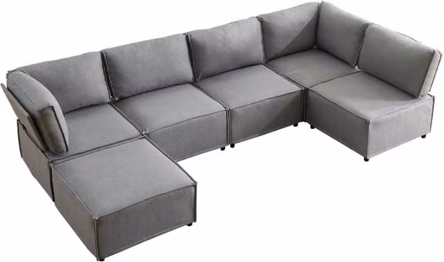 Divano modulare ad angolo in lino grigio chiaro, flessibile e trasformabile in letto lungo, design in legno