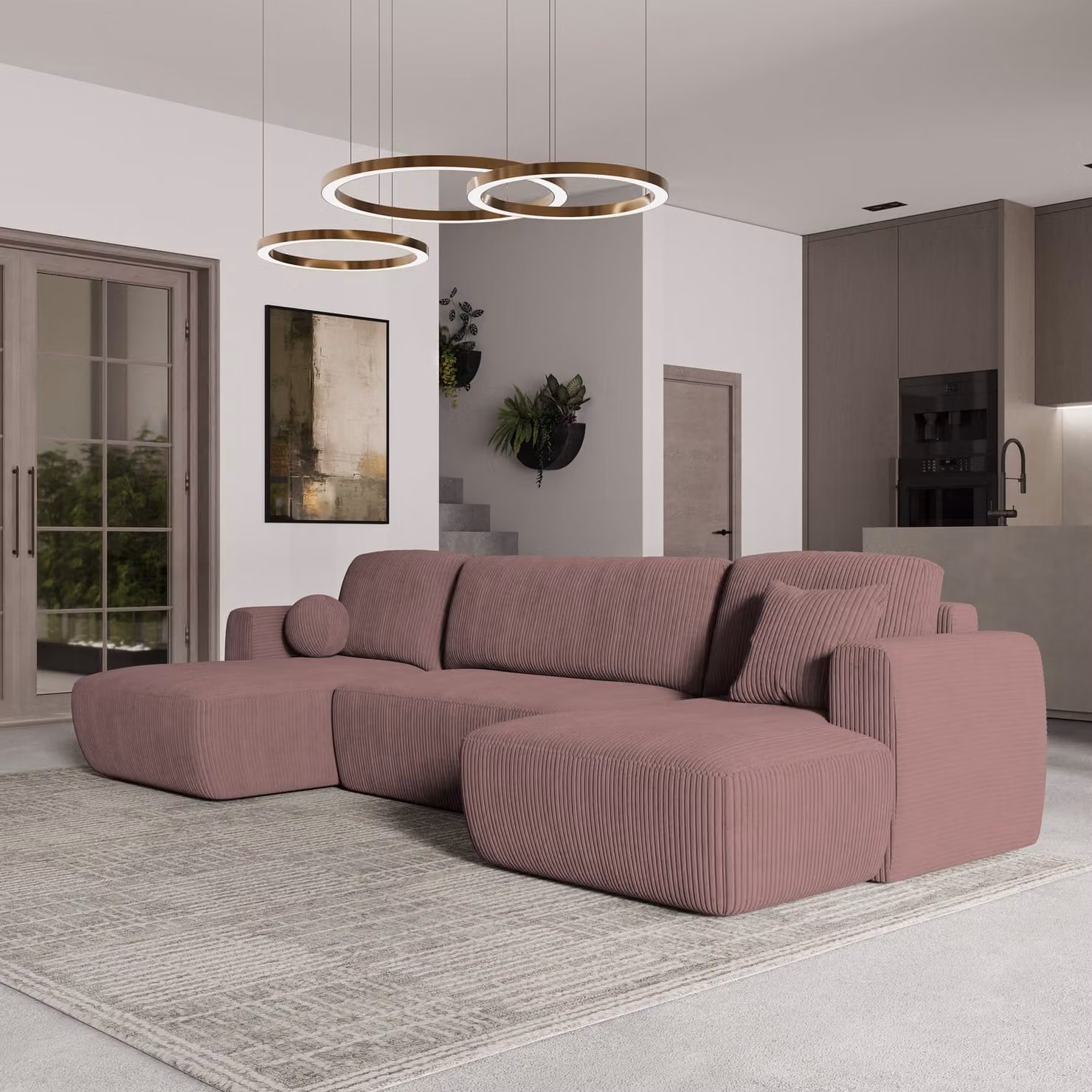 Divano angolare SENTUM P di Masseno con funzione letto a U, divano con box letto, divano da soggiorno, divano, divano letto, set di divani - viola, POSO 130