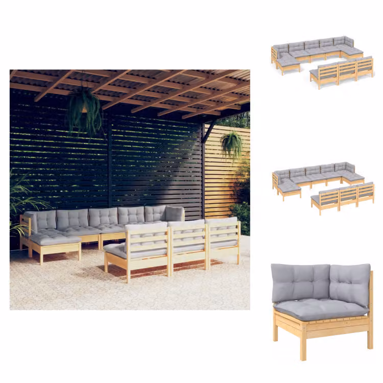 vidaXL Set di 10 pezzi da giardino con cuscini grigi in legno di pino - Set di mobili da giardino