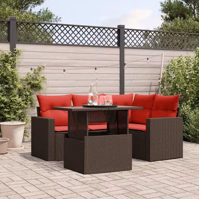 Set Divani da Giardino 5 pz con Cuscini Marrone in Polyrattan 3267254