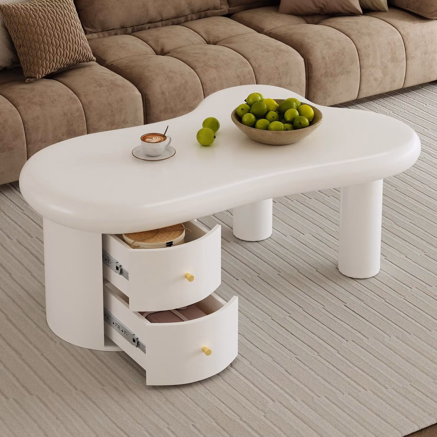 Tavolino Merax bianco 97x64x42cm, forma irregolare con 2 cassetti, spazio di archiviazione Tavolino da salotto dal design moderno in MDF, a prova di bambino