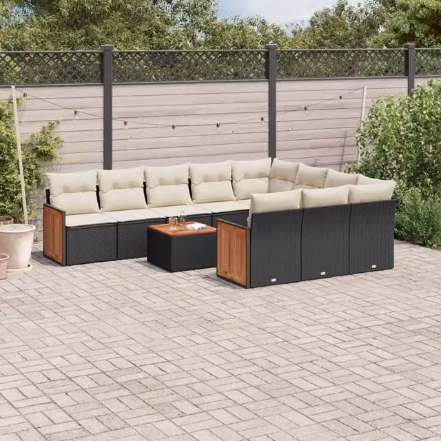 Set di Divani da Giardino vidaXL in Polyrattan Nero con Cuscini e Tavolino da Esterno a Forma di U composto da 11 Pezzi – 1