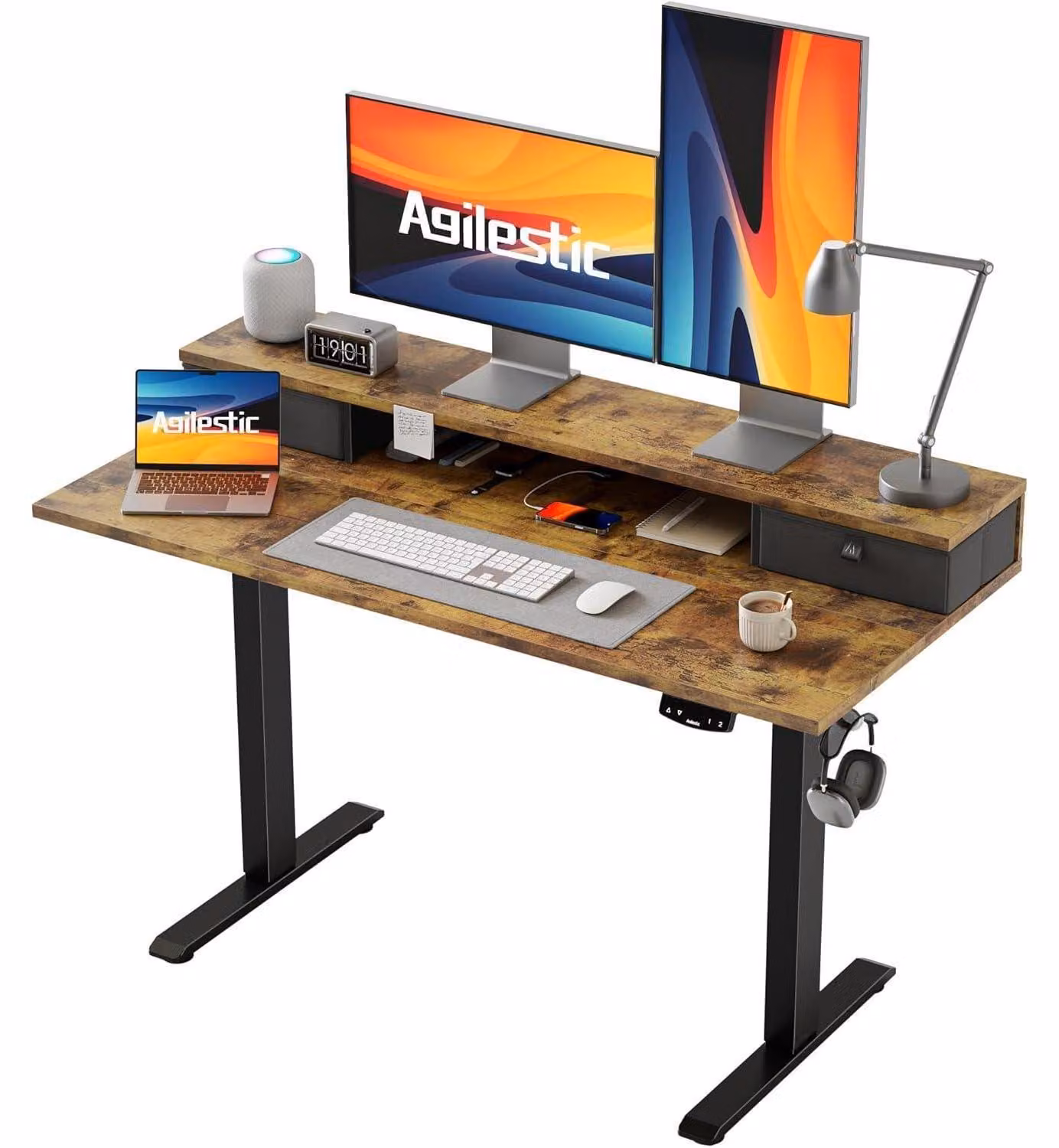 Scrivania regolabile in altezza con 2 cassetti, dimensioni 120 x 60 cm, colore marrone, con sistema di regolazione elettrico, design ergonomico