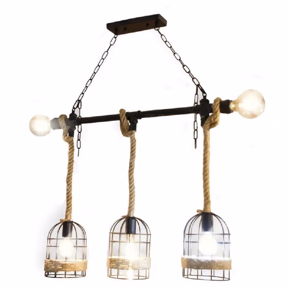 Trade Shop Lampadario A Sospensione Stile Industriale in Metallo e Corda di Canapa Nero B60-5 – 2