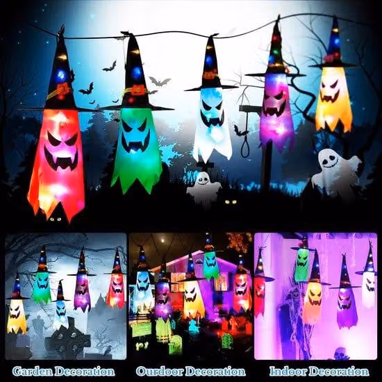 Set di decorazioni per Halloween Ibenzoa® composto da 5 fantasmi da appendere, 3 metri di catena luminosa colorata (8 modalità), poliestere impermeabile, controllo wireless, necessita di 3 batterie AA (non incluse) – per uso esterno