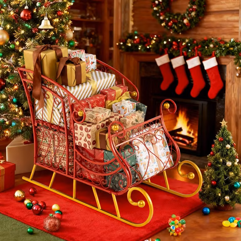 Cestino decorativo a forma di slitta di Babbo Natale Costway in metallo rosso per decorazioni natalizie da tavolo