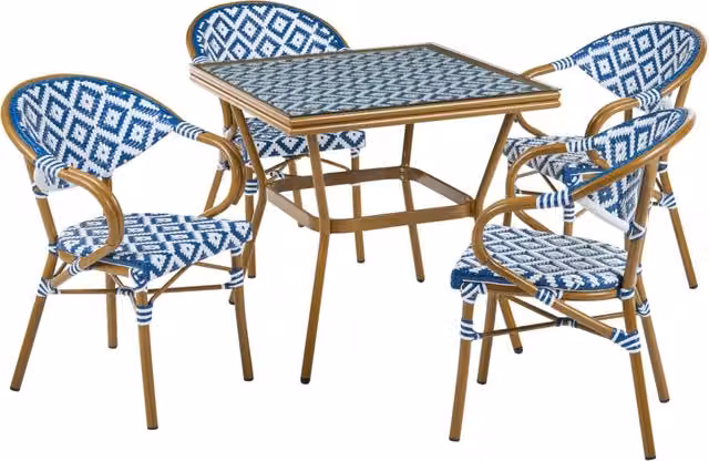 Set da pranzo da giardino a 4 posti in rattan marrone scuro e alluminio Bianco e blu struttura in alluminio