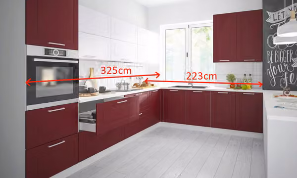 Blocco cucina a L moderno 325x223cm grigio segnale bianco - viola laccato opaco