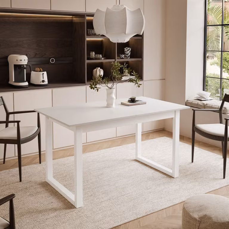 ARTON II tavolo allungabile 140 cm bianco, gambe a U in metallo bianco