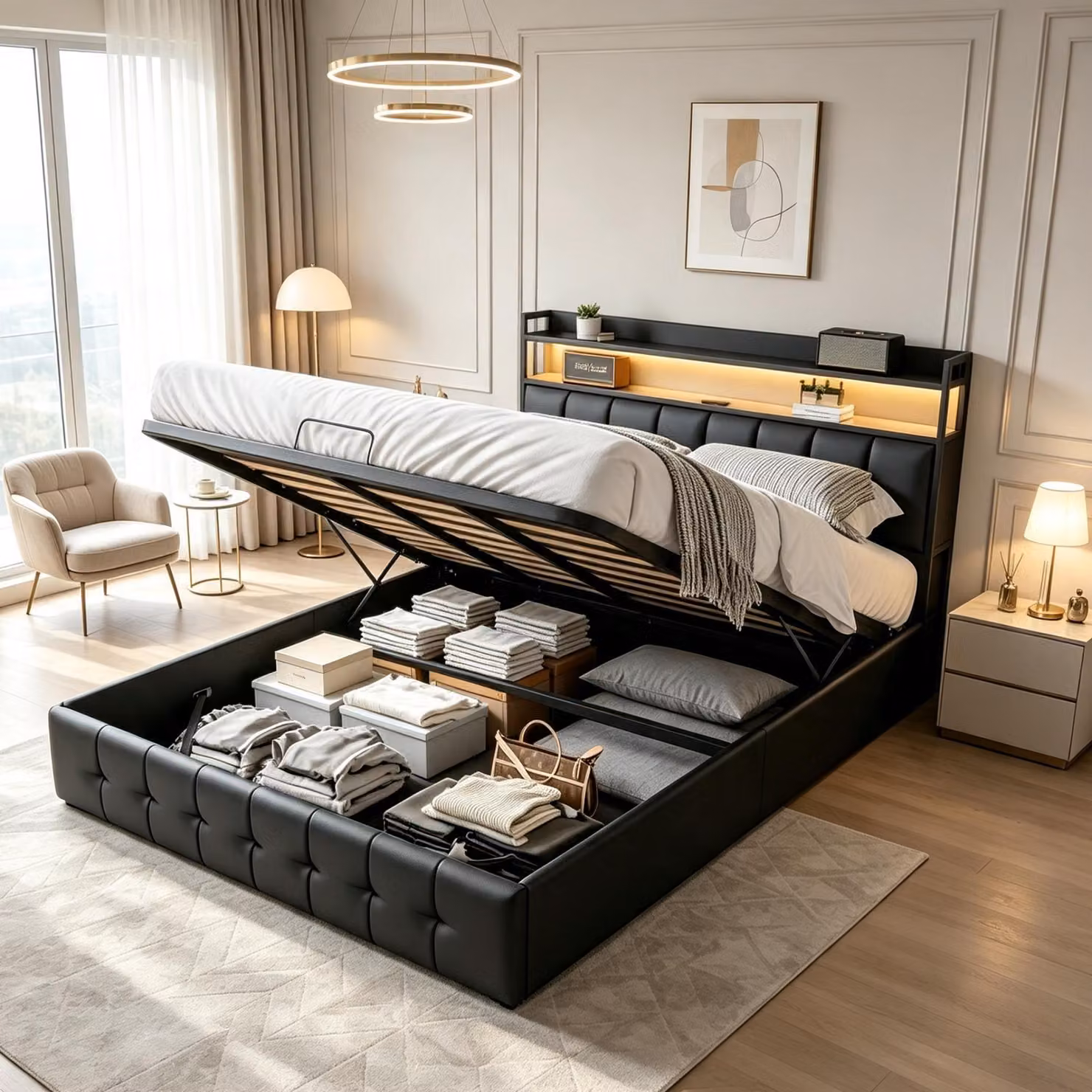 Letto imbottito INONEFT 140x190 cm, letto a molle con sistema di sollevamento idraulico, rete a doghe, contenitore portaoggetti con illuminazione LED e prese USB, letto matrimoniale, letto per ragazzi, rivestito in PU, colore nero