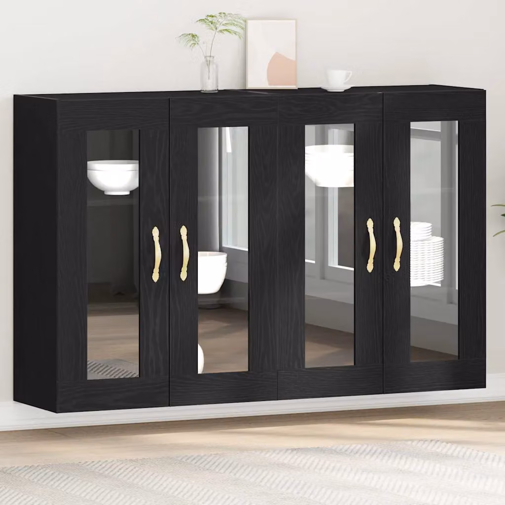 Set di 2 armadi da parete moderni vidaXL con ante in vetro, colore nero e marrone, L/P/H: 69,5 x 34 x 90 cm
