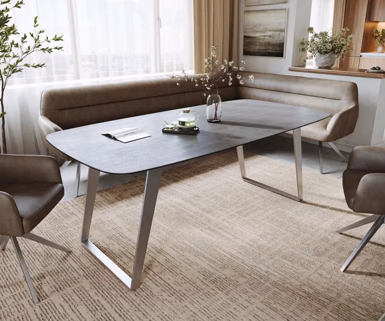 DELIFE Tavolo da pranzo Edge Boot, 200x100 cm, piano in Vetroceramica effetto cemento grigio, struttura in acciaio inossidabile, design inclinato