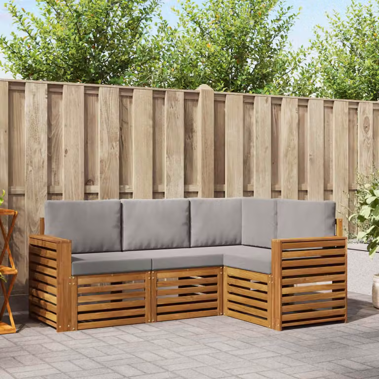 Set di divani da esterno vidaXL a forma di L in legno di acacia con cuscini, beige e grigio chiaro