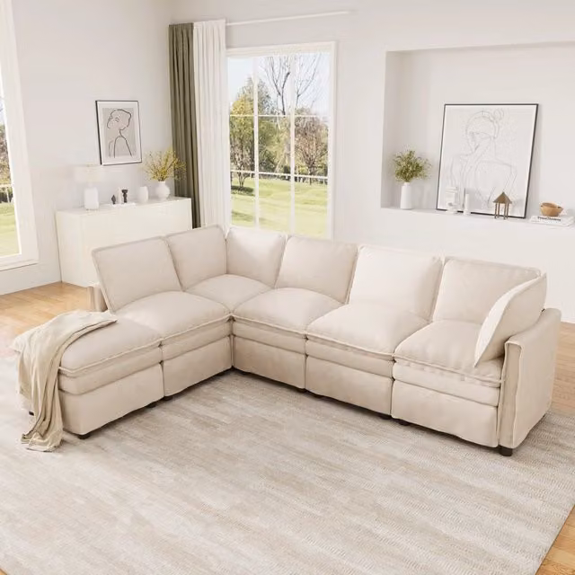Divano Modulare XXL REDOM Beige con Funzione Letto e Pouf Mobile, L: 344 cm, P: 127 cm, H: 91 cm