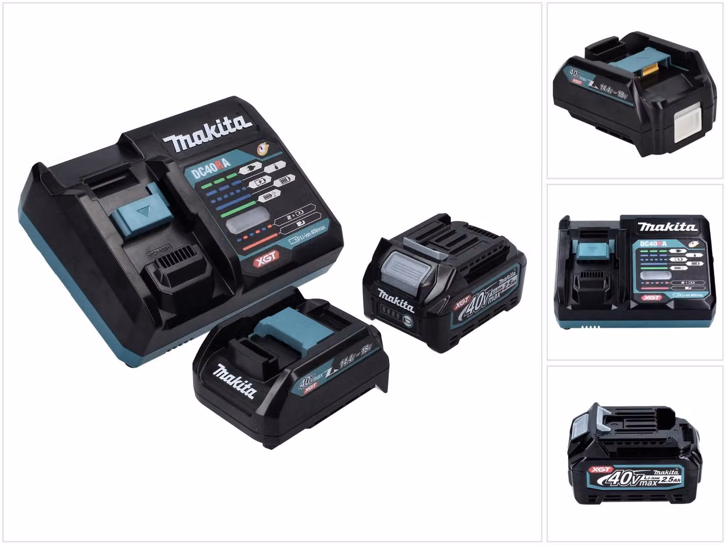 Kit alimentatore Makita 40 V max. con batteria BL 4025 2,5 Ah ( 191B36-3 ) + caricabatteria rapido DC 40 RA ( 191E07-8 ) + adattatore di ricarica ADP10 LXT su XGT 14,4 V 18 V ( 191C10-7 )