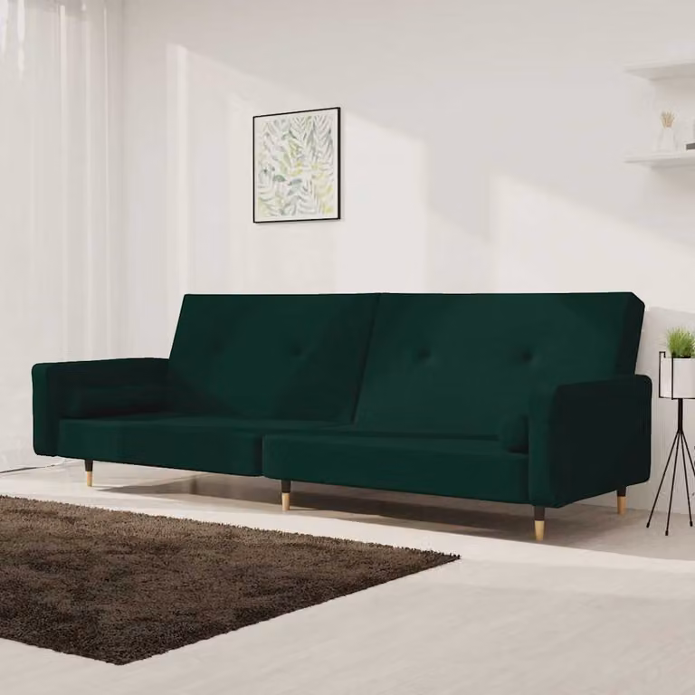 vidaXL Divano Letto Click-Clack Moderno in Velluto Verde con Cuscini e Struttura in Legno Solido