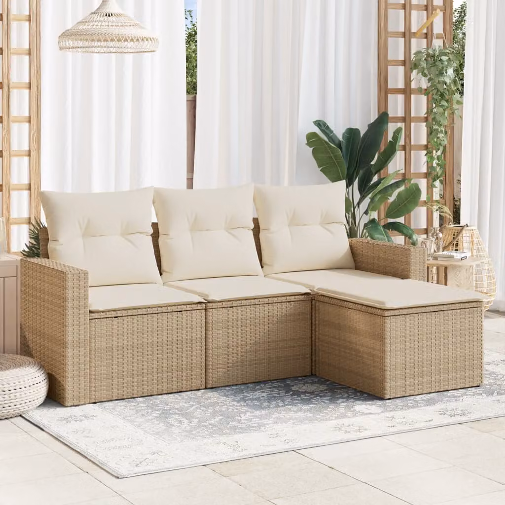 Set Divano da Giardino 4 pz vidaXL in Polyrattan Beige con Cuscini e Ottoman
