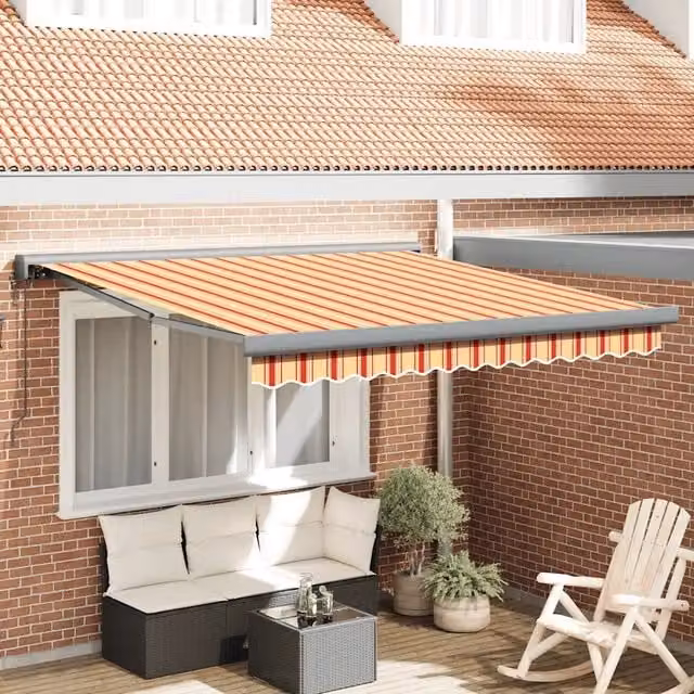 Tenda retrattile motorizzata VIDAXL in alluminio e poliestere, colori giallo, bianco e nero, con bracci pieghevoli, montaggio a parete – 1