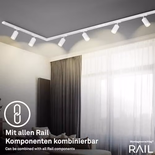 - Sistema di binari "Rail Starterset", 4 faretti GU10 orientabili, espandibile, sistema di binari a soffitto, faretti a binario, lampada da soffitto, plafoniera, proiettore, 1,5 m, bianco