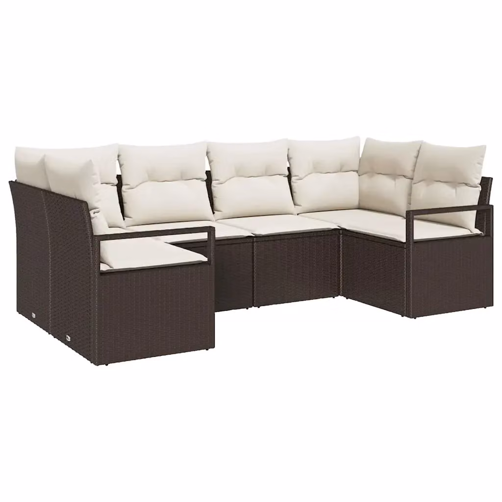 Set di divani da giardino vidaXL a forma di L composto da 6 pezzi con tavolino, pouf e cuscini, colore marrone e beige, struttura in metallo e rattan resistente ai raggi UV – 2