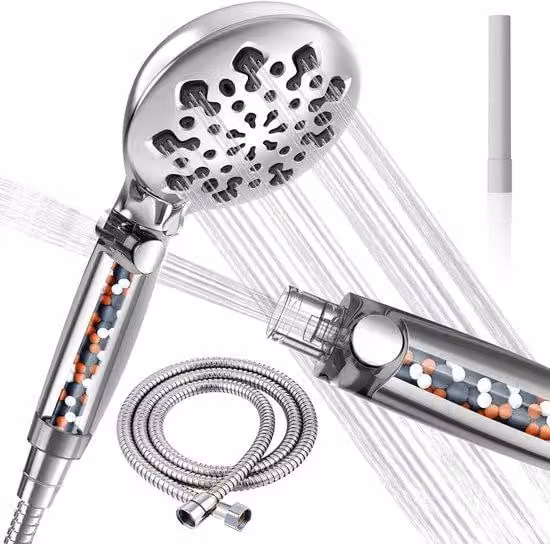 Ibenzoa® Doccia manuale a risparmio idrico, tubo da 1,5 metri, 10 tipi di getto, filtro per cloro, fluoro e metalli pesanti, corpo in ABS cromato, alta pressione, funzione di pausa, attacco G12