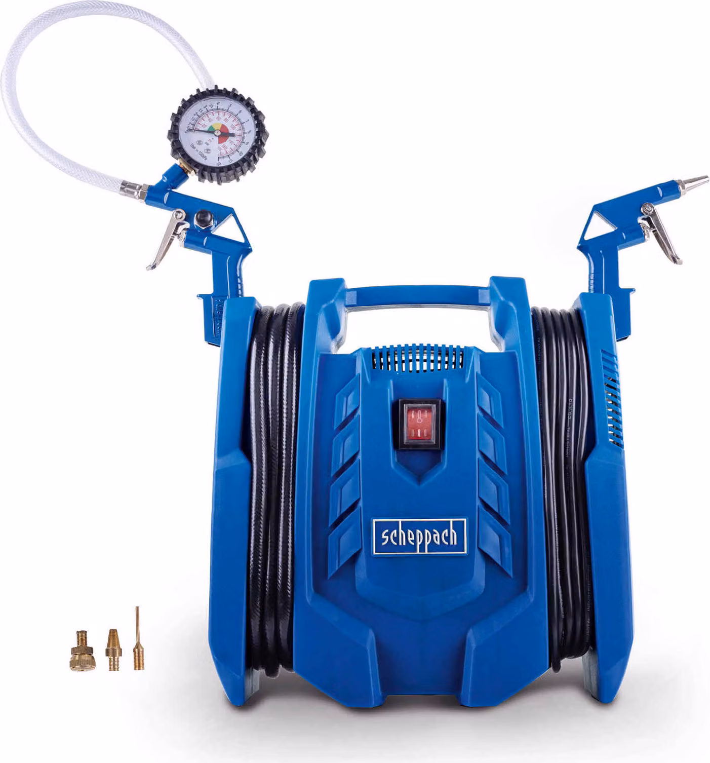 Compressore Scheppach Airforce 7 - 230V | 8 bar di pressione di lavoro | 180 L/min | senza olio e mobile 8 m di raggio di lavoro | incluso gonfiatore per pneumatici, pistola ad aria compressa e adattatore