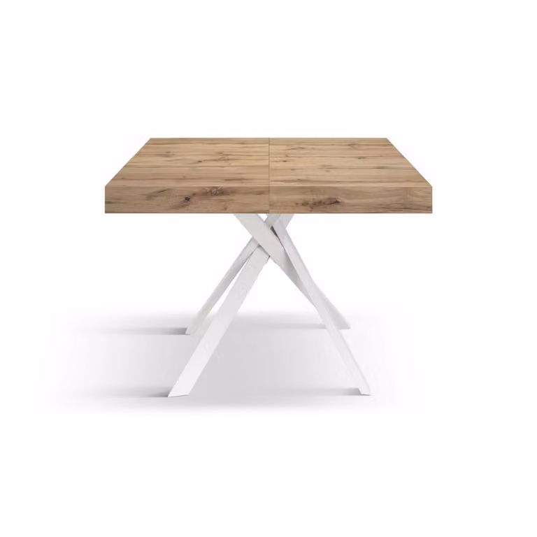 Tavolo FORTE DEI MARMI in legno, finitura rovere rustico e gambe incrociate in metallo bianco, allungabile 95×90 cm – 145 x 90 cm