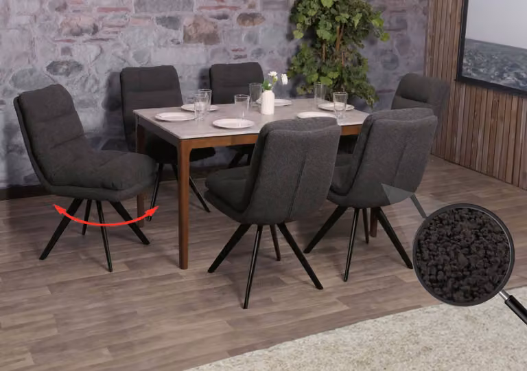 set di 6 sedie da pranzo HWC-G66, sedia da cucina, posizione girevole automatica tessuto/tessuto bouclé MVG ~ grigio scuro