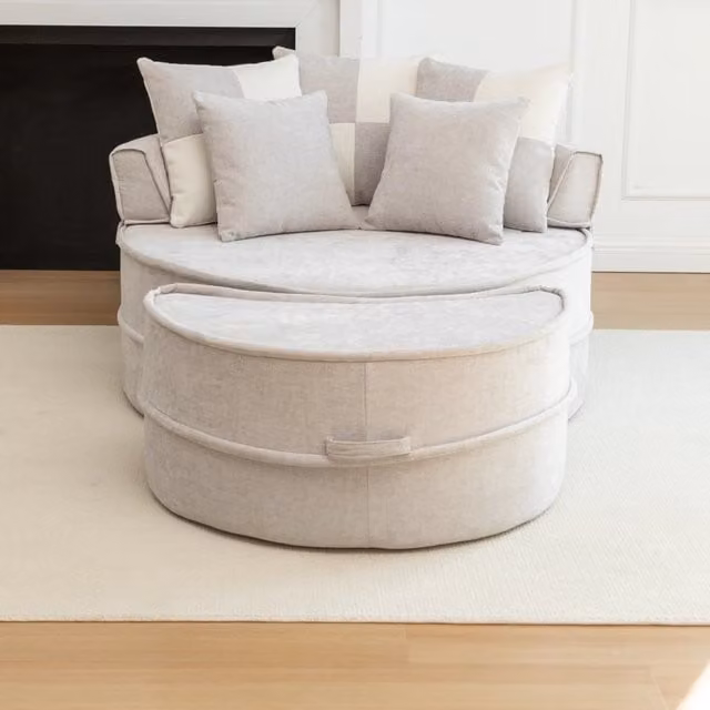 Poltrona lounge rotonda MIVRAY con ottomana in ciniglia grigia e 5 cuscini in schiuma spessa, Altezza: 42 cm