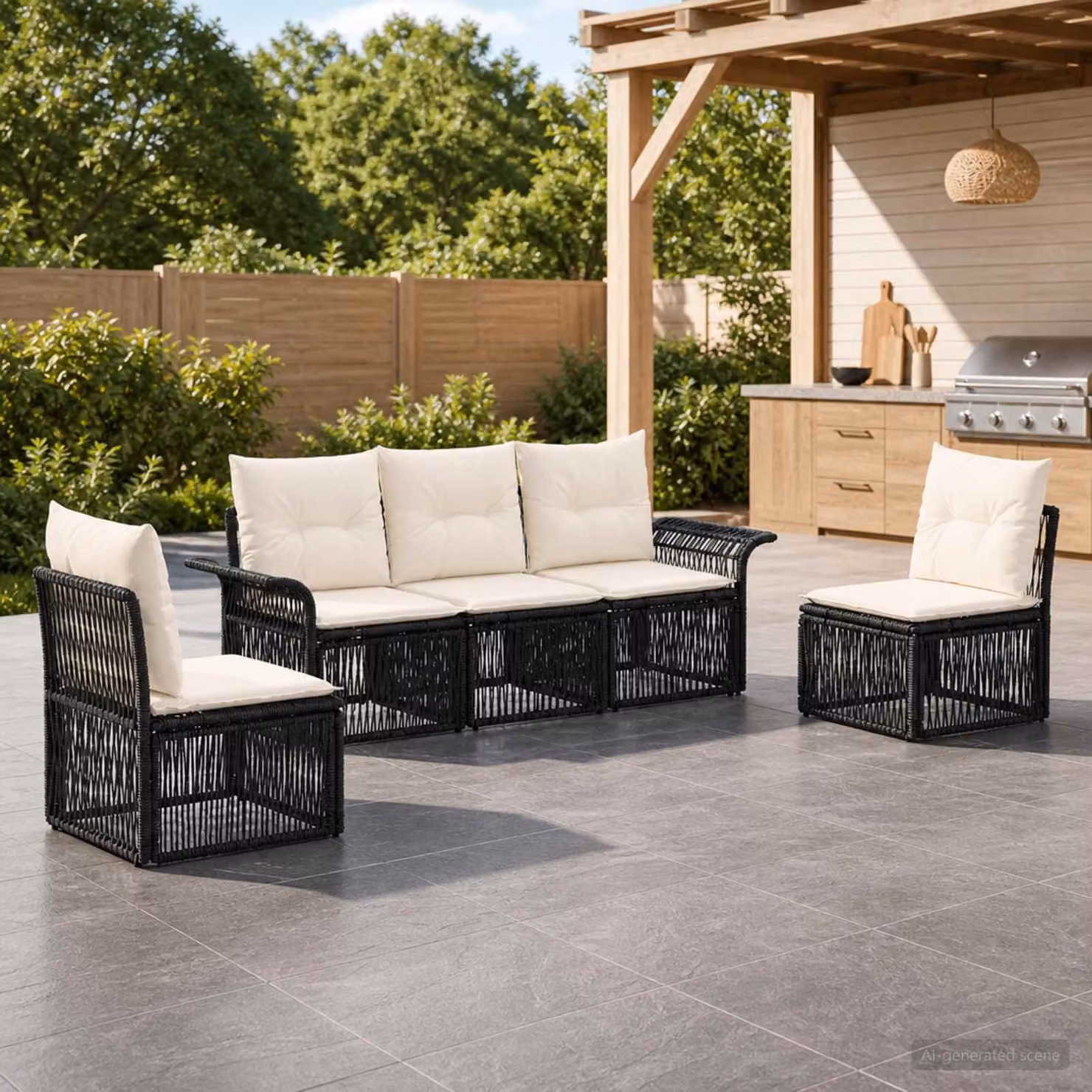 Set Divano da Giardino a L vidaXL in Polyrattan Nero con Cuscini e Struttura in Acciaio