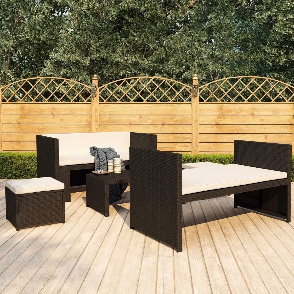 The Living Store Set da giardino 5 pezzi con cuscini in poly rattan nero