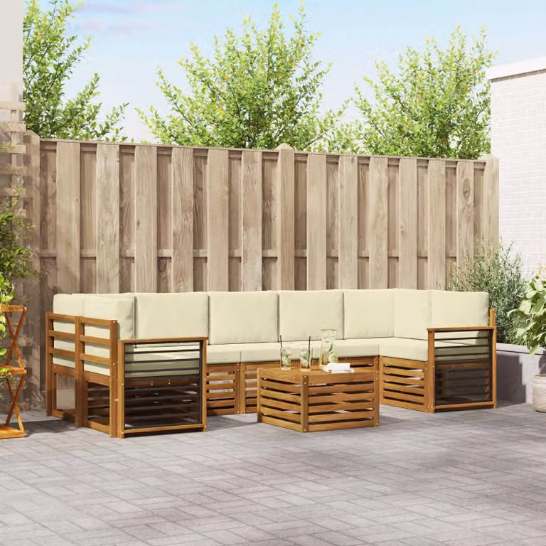 Set di divani da esterno vidaXL a forma di L in legno di acacia con tavolo da caffè e cuscini, beige e bianco
