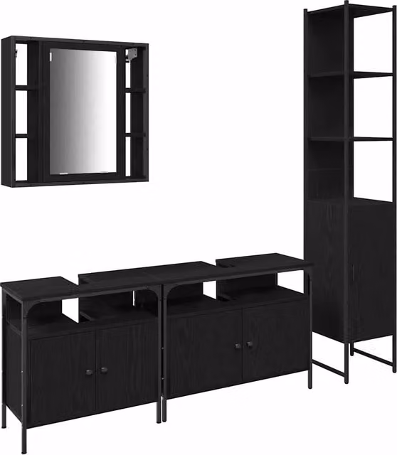 Set di mobili per il Bagno | Armadio da bagno 4 pz Rovere Nero Legno multistrato