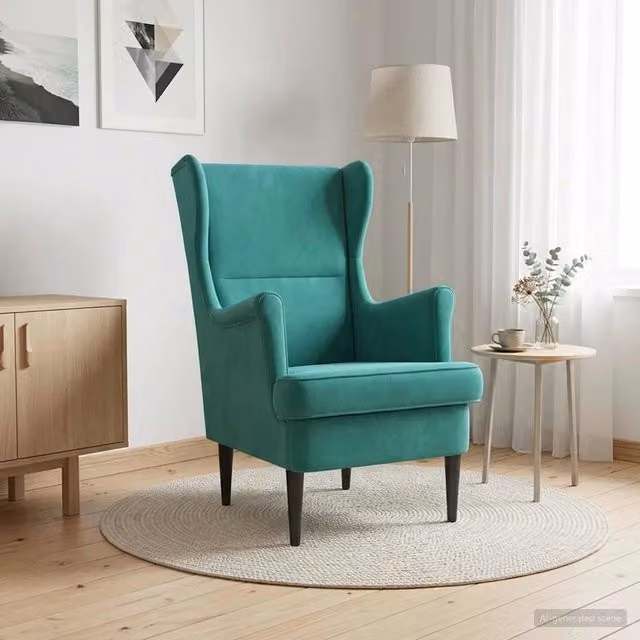 Poltrona moderna in velluto turchese con braccioli e struttura in legno e metallo 602210