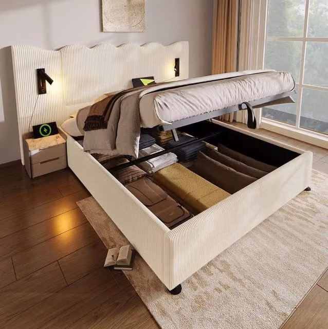 Letto matrimoniale ULEVR 180x200 cm con contenitore idraulico, lampada da lettura, USB e Type-C, beige e bianco