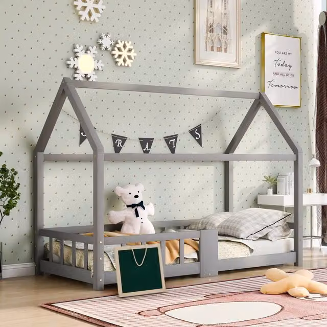 Letto a casetta OKWISH per bambini in legno di pino grigio con barriera anticaduta L/P/H: 200 x 90 x 120 cm