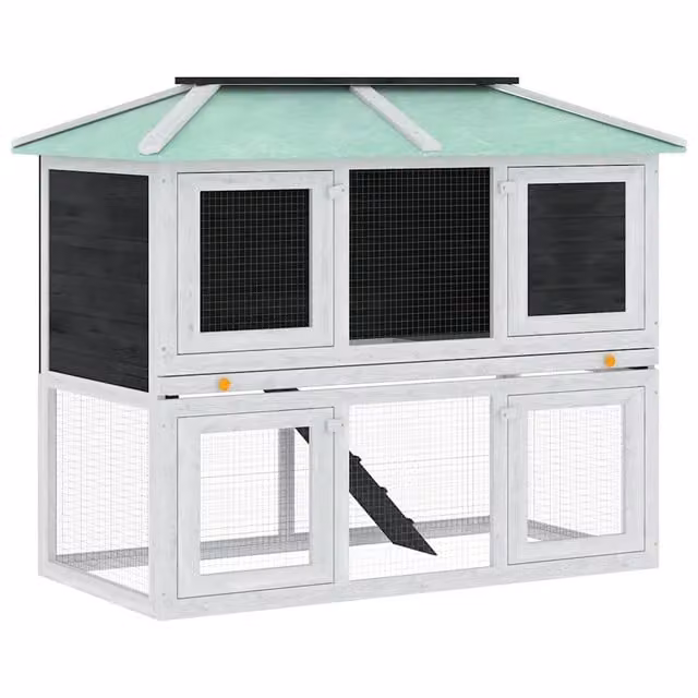 Conigliera a due piani in legno di abete resistente alle intemperie per piccoli animali, disponibile in bianco e verde