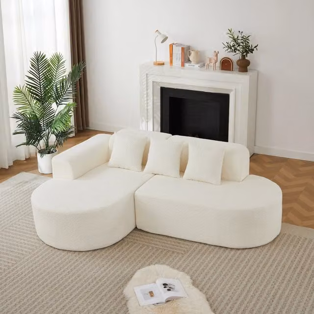 Desviae Divano angolare con chaise longue sinistra in chenille beige dal design rotondo wabi-sabi