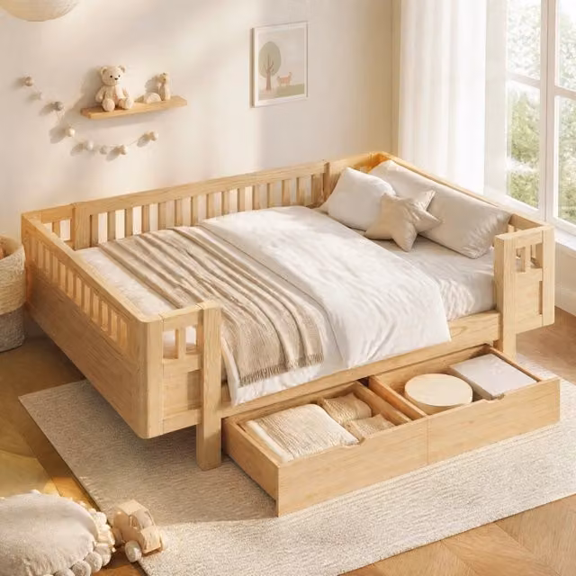 Letto per bambini ULEVR 140x200 cm con sponde alte e 2 cassetti estraibili, legno naturale