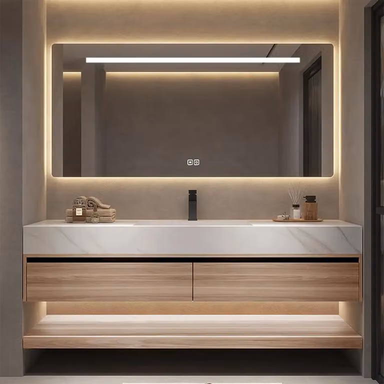 Set composto da lavabo con finitura in legno, mobile base in pietra sinterizzata bianca, piano di lavoro e specchio 110×55 cm 【YT3256-110 K】