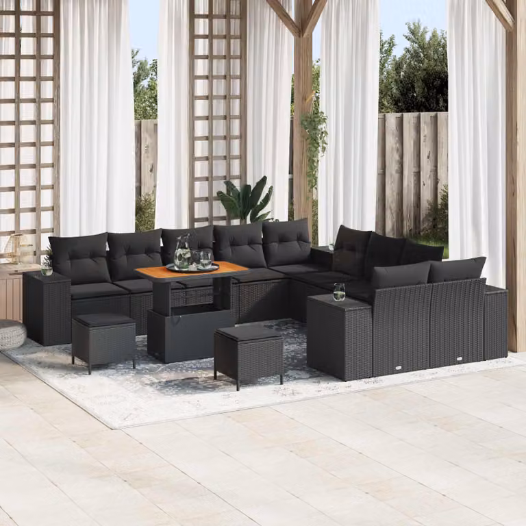 Set Divano da Giardino vidaXL a forma a U in Polyrattan Nero con Cuscini e Tavolino da Esterno