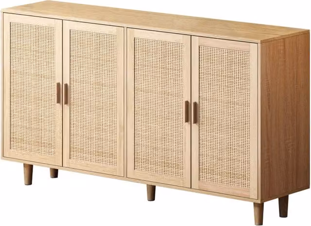 Mobile da deposito con 4 ante in rattan naturale, 158 cm, struttura in truciolato e gambe in legno massello