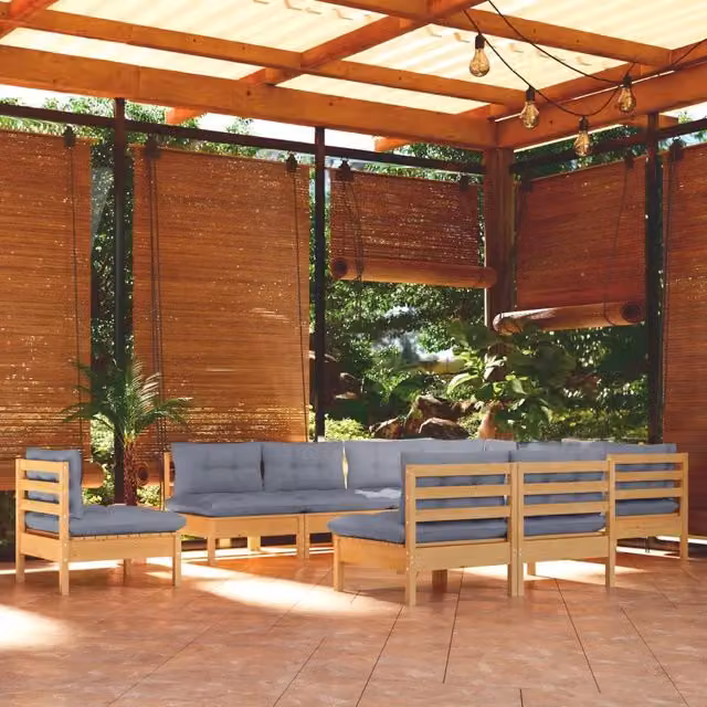 Set Divani da Giardino 10 pz con Cuscini Grigi Massello di Pino 3096754
