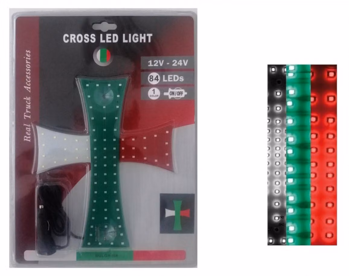 Croce luminosa a LED bianco-verde-rosso con bandiera della Bulgaria, 84 LED, 12 V/24 V, 245 x 200 mm