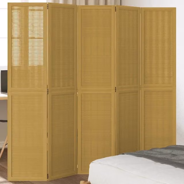 Paravento Divisorio per Ambienti con 5 Pannelli in Legno Massello di Paulownia e Rattan, Colore Marrone, H 175 cm x L 180 cm